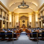 Anonymous lawmakers debating in a formal parliamentary chamber during a legislative session