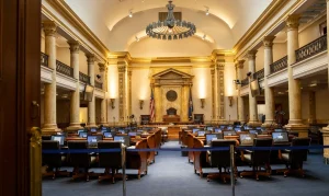 Anonymous lawmakers debating in a formal parliamentary chamber during a legislative session