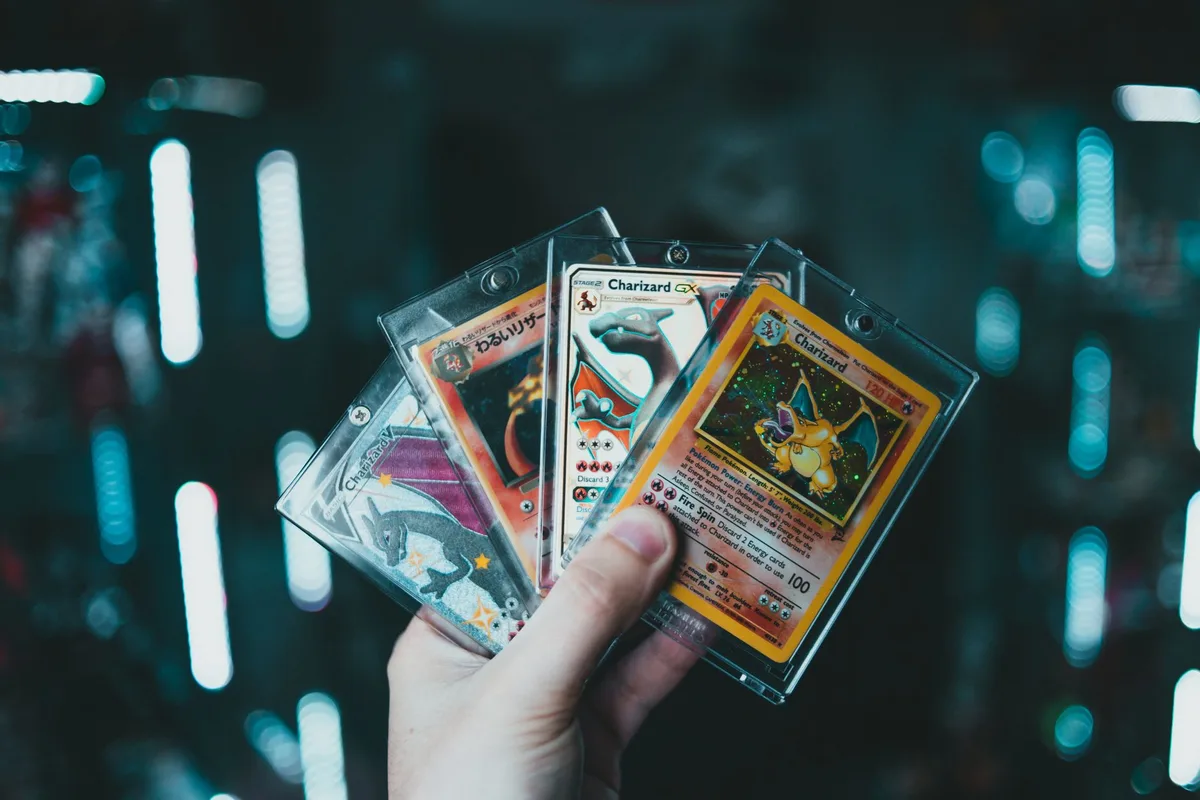 Rare Pokémon trading cards displayed in protective cases