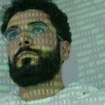 Abstract digital audio waveforms and encryption symbols on a dark tech interface