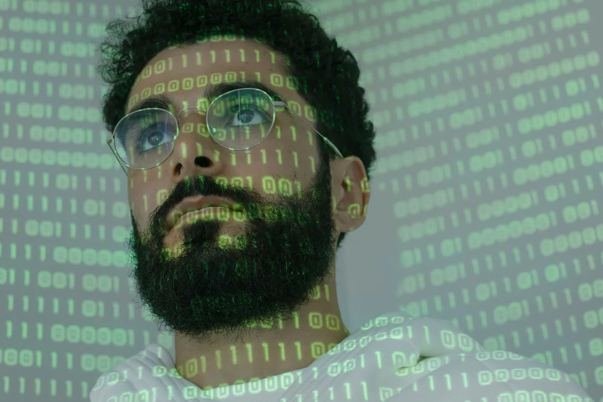 Abstract digital audio waveforms and encryption symbols on a dark tech interface