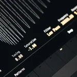 Futuristic audio interface with glowing elements and sound wave visualization