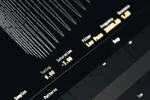 Futuristic audio interface with glowing elements and sound wave visualization