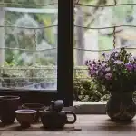 Hands holding a steaming cup and a small plate with fennel, warm kitchen light